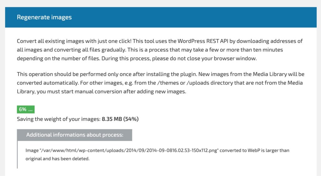 Regenerate images 変換中 画像をWebPに変換してPageSpeed Insightsの結果を改善させる WebP Converter for Mediaを使用